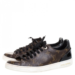Louis Vuitton Brown Monogram Canvas and Black Patent Leather Frontrow Low Top Sneakers Size 39