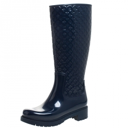 Pre Owned Louis Vuitton Dark Blue Monogram Rubber Drops Knee Length Boots Size 37