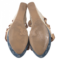 مملوكة مسبقًا Louis Vuitton Beige Leather Espadrilles Wedge Platform Ankle Strap Sandals Size 38