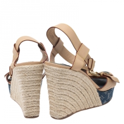 مملوكة مسبقًا Louis Vuitton Beige Leather Espadrilles Wedge Platform Ankle Strap Sandals Size 38