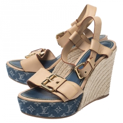 مملوكة مسبقًا Louis Vuitton Beige Leather Espadrilles Wedge Platform Ankle Strap Sandals Size 38