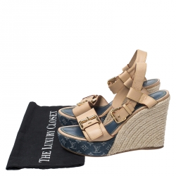 مملوكة مسبقًا Louis Vuitton Beige Leather Espadrilles Wedge Platform Ankle Strap Sandals Size 38