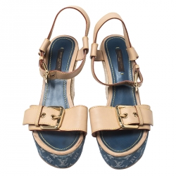 مملوكة مسبقًا Louis Vuitton Beige Leather Espadrilles Wedge Platform Ankle Strap Sandals Size 38