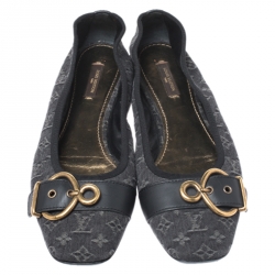 Pre Owned Louis Vuitton Grey Mini Monogram Canvas And Black Leather Buckle Detail Square Toe Ballet Flats Size 40