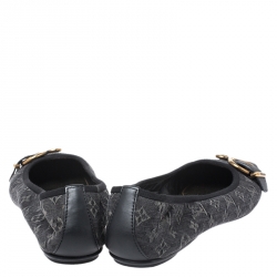 Pre Owned Louis Vuitton Grey Mini Monogram Canvas And Black Leather Buckle Detail Square Toe Ballet Flats Size 40