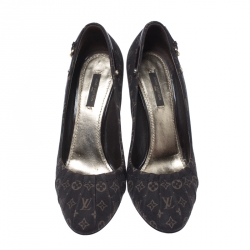 Pre Owned Louis Vuitton Brown Monogram Mini Lin Canvas Myosotis Pumps Size 38.5
