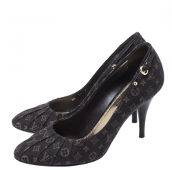 Pre Owned Louis Vuitton Brown Monogram Mini Lin Canvas Myosotis Pumps Size 38.5