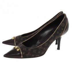 Pre Owned Louis Vuitton Brown Monogram Mini Lin Raquel Pumps Size 39