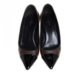 Pre Owned Louis Vuitton Brown Monogram Canvas And Patent Leather Trim Fetish Pointed Toe Pumps Size 37