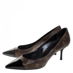 Pre Owned Louis Vuitton Brown Monogram Canvas And Patent Leather Trim Fetish Pointed Toe Pumps Size 37