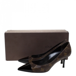 Pre Owned Louis Vuitton Brown Monogram Canvas And Patent Leather Trim Fetish Pointed Toe Pumps Size 37
