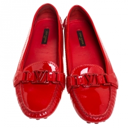 Pre Owned Louis Vuitton Red Patent Leather Oxford Loafers Size 38