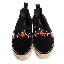 Pre Owned Louis Vuitton Black Suede Leather Frontier Embellished Espadrille Flats Size 39