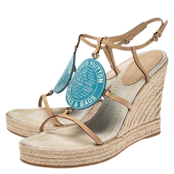 مملوكة مسبقًا Louis Vuitton Beige Vachetta Leather Divine Trunks And Bags Espadrille Wedge Sandals Size 39.5