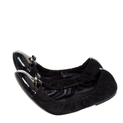 Pre Owned Louis Vuitton Black Suede and Patent Leather Elba Scrunch Ballet Flats Size 39
