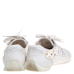 Louis Vuitton White Leather And Multicolor Monogram Canvas Lace Up Sneakers Size 39.5