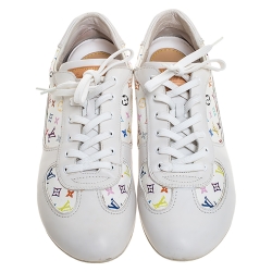 Louis Vuitton White Leather And Multicolor Monogram Canvas Lace Up Sneakers Size 39.5