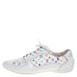 Louis Vuitton White Leather And Multicolor Monogram Canvas Lace Up Sneakers Size 39.5