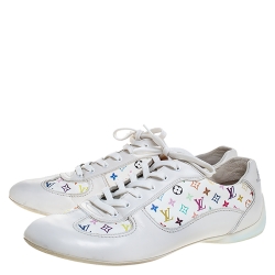 Louis Vuitton White Leather And Multicolor Monogram Canvas Lace Up Sneakers Size 39.5