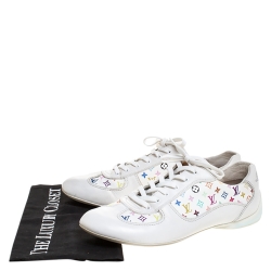 Louis Vuitton White Leather And Multicolor Monogram Canvas Lace Up Sneakers Size 39.5