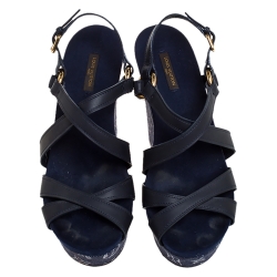 مملوكة مسبقًا Louis Vuitton Blue Leather And Monogram Denim Wedge Ocean Sandals Size 39.5