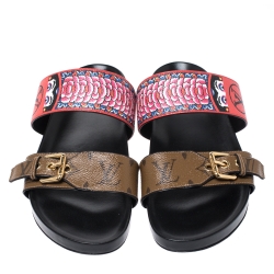 Pre Owned Louis Vuitton Brown/Red Floral Print and Monogram Canvas Bom Dia Flat Sandals Size 40