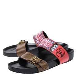 Pre Owned Louis Vuitton Brown/Red Floral Print and Monogram Canvas Bom Dia Flat Sandals Size 40