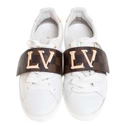 Louis Vuitton White Leather And Canvas Trim Frontrow Low Top Sneakers Size 37.5