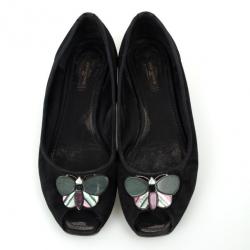Pre Owned Louis Vuitton Black Open Toe Butterfly Ballet Flats Size 39.5