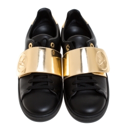 Louis Vuitton Black Leather And Gold Leather Band Frontrow Low Top Sneakers Size 36.5