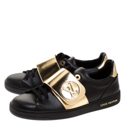 Louis Vuitton Black Leather And Gold Leather Band Frontrow Low Top Sneakers Size 36.5