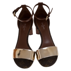 Pre Owned Louis Vuitton Gold/Brown Monogram Leather Odyssey Sandals Size 36.5