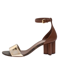 Pre Owned Louis Vuitton Gold/Brown Monogram Leather Odyssey Sandals Size 36.5