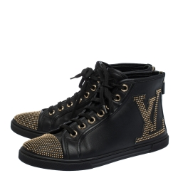 مملوكة مسبقًا Louis Vuitton Black Leather Studded Punchy High Top Sneakers Size 38.5