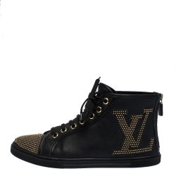 مملوكة مسبقًا Louis Vuitton Black Leather Studded Punchy High Top Sneakers Size 38.5
