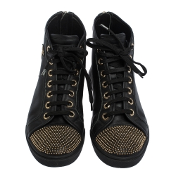 مملوكة مسبقًا Louis Vuitton Black Leather Studded Punchy High Top Sneakers Size 38.5