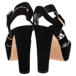 Louis Vuitton Black Suede And Gold Trim Peep Toe Platform Ankle Strap Sandals Size 39 Louis ...