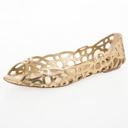 Pre Owned Louis Vuitton Gold Cutout Peep Toe Ballet Flats Size 38.5