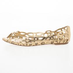 Pre Owned Louis Vuitton Gold Cutout Peep Toe Ballet Flats Size 38.5