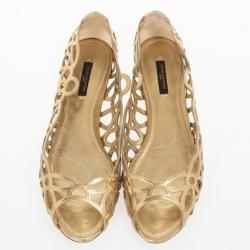 Pre Owned Louis Vuitton Gold Cutout Peep Toe Ballet Flats Size 38.5