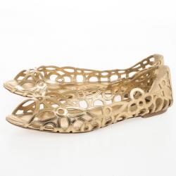 Pre Owned Louis Vuitton Gold Cutout Peep Toe Ballet Flats Size 38.5