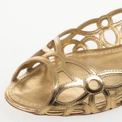 Pre Owned Louis Vuitton Gold Cutout Peep Toe Ballet Flats Size 38.5