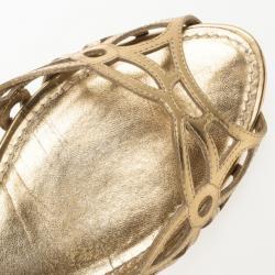 Pre Owned Louis Vuitton Gold Cutout Peep Toe Ballet Flats Size 38.5