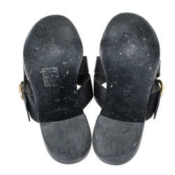 Pre Owned Louis Vuitton Black Leather Cross Strap LV Circle Embellished Flat Slides Size 38