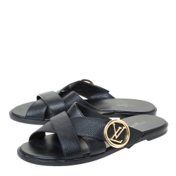 Pre Owned Louis Vuitton Black Leather Cross Strap LV Circle Embellished Flat Slides Size 38