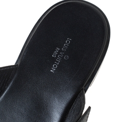 Pre Owned Louis Vuitton Black Leather Cross Strap LV Circle Embellished Flat Slides Size 38