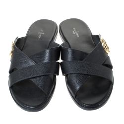 Pre Owned Louis Vuitton Black Leather Cross Strap LV Circle Embellished Flat Slides Size 38