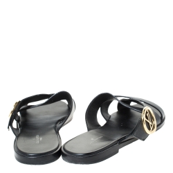 Pre Owned Louis Vuitton Black Leather Cross Strap LV Circle Embellished Flat Slides Size 38