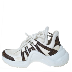 Louis Vuitton White/Brown Leather And Monogram Canvas Archlight Lace Up Sneakers Size 37