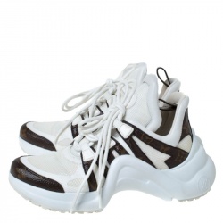Louis Vuitton White/Brown Leather And Monogram Canvas Archlight Lace Up Sneakers Size 37
